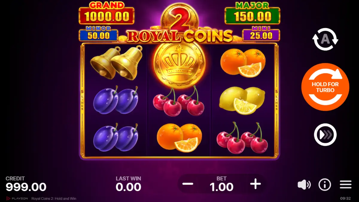 Royal Coins 2 Hold and Win Basisspiel mit Kirschen, BAR-Symbolen und Wild 777